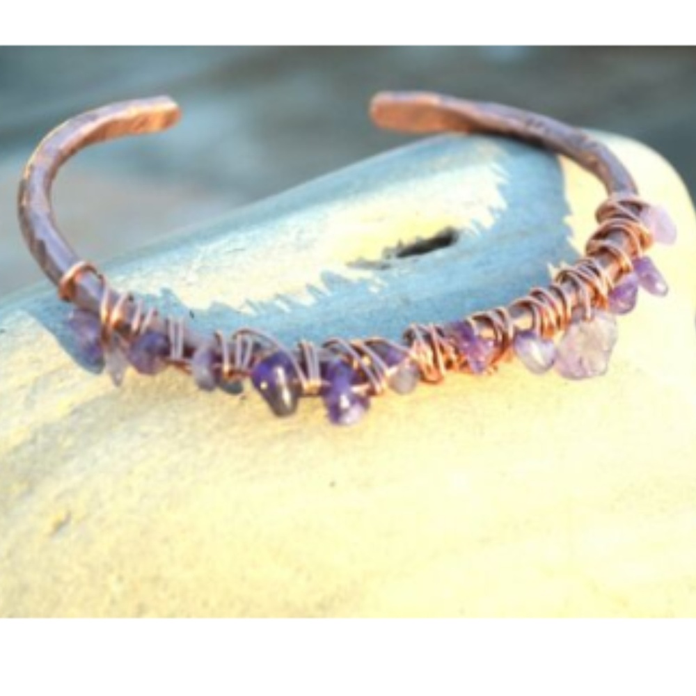 Genuine Amethyst Copper Gemstone Cuff Bracelet - Picture 3 of 6
